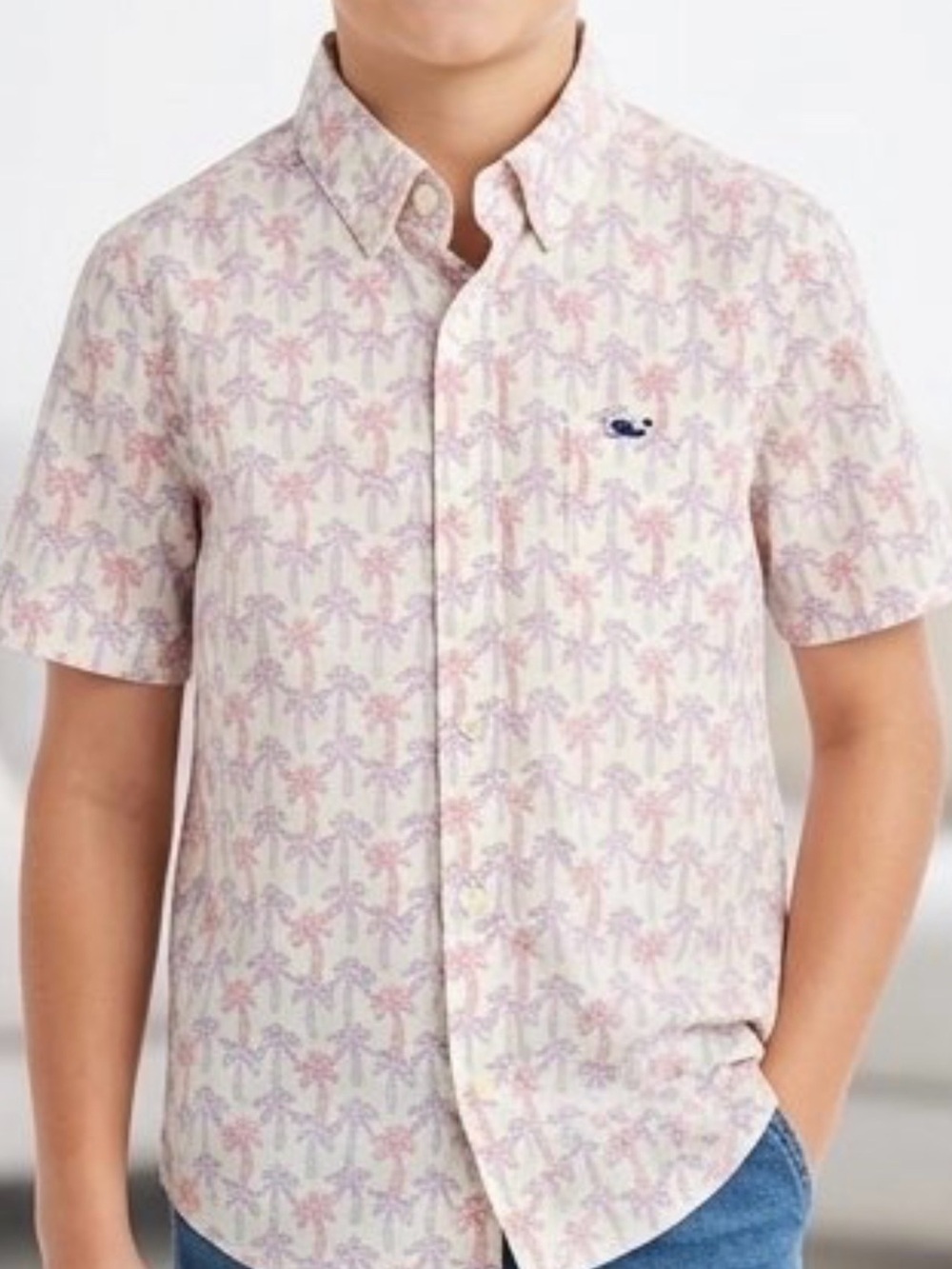 Vineyard Vines Short-Sleeve Palm-Print Button-Down in White with Red & Blue
